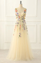 Classy Long Yellow Floral Prom Dresses Sweetheart Evening Dress - MyChicDress